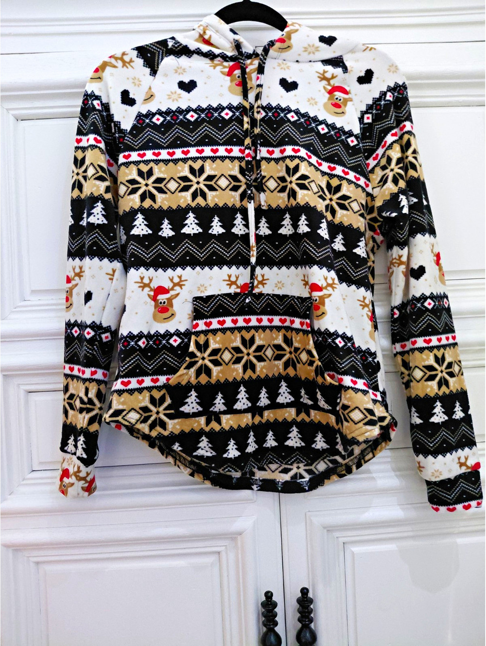 No Boundaries NOBO Womens Multicolor Fair Isle Christmas Fleece Hoodie Pockets S